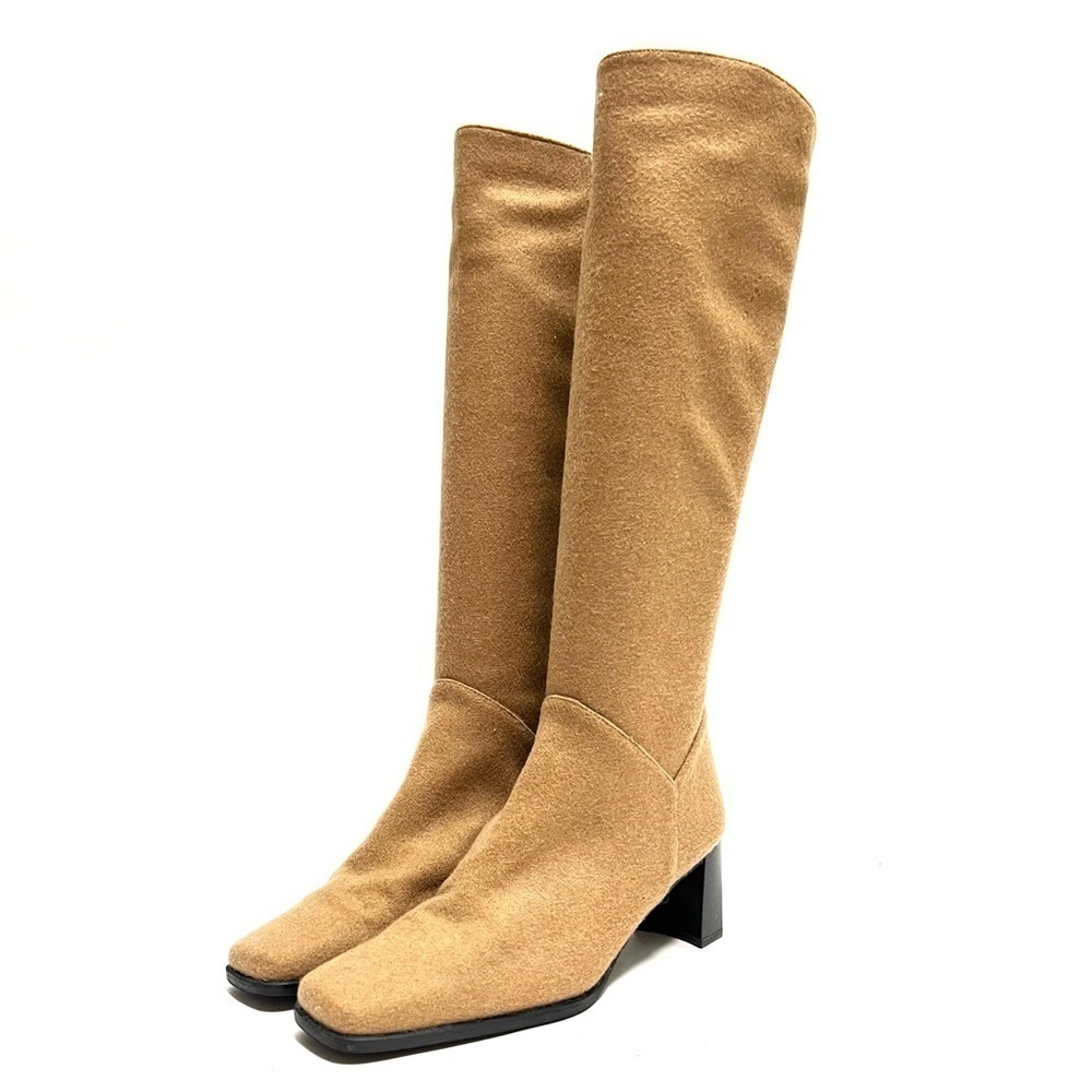 Vintage 1990s beige wool knee high square toe heeled fashion boots